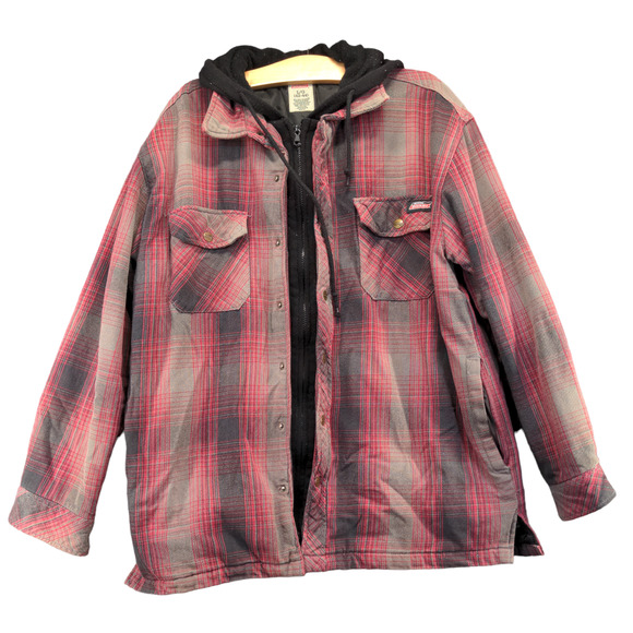 Dickies Men's Snap Zip Up Hooded Jacket Red Plaid Large Long Sleeve Cotton - Picture 1 of 14